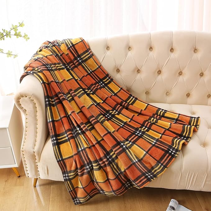 MERRYLIFE Throw Blanket for Couch Orange Plaid Chair Throw Blanket| Soft Decorative Ultra-Plush Colorful| Throw Size Travel Blanket Plush|(50" 60", Harvest Plaid)