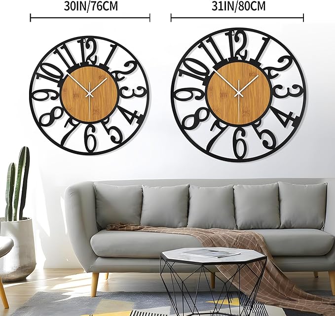 LEIKE 30" Oversized Large Wall Clocks,Silent,Non Ticking,Battery Operated Modern Round Big Wood Decorative Metal Wall Clock for Living Room, Bedroom,Kitchen,Farmhouse,Office Decor - Black,30 Inch