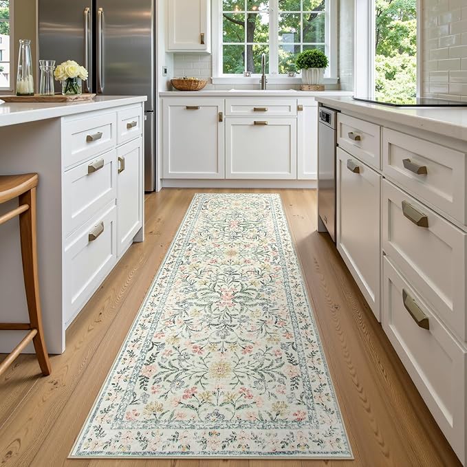 Wonnitar Washable Rug Runner 2'6''x8', Boho Floral Hallway Runner Rug 8ft Long Carpet for Bedroom, Soft Non Slip Ultra-Thin Beige Carpets for Bathroom Kitchen Bedside