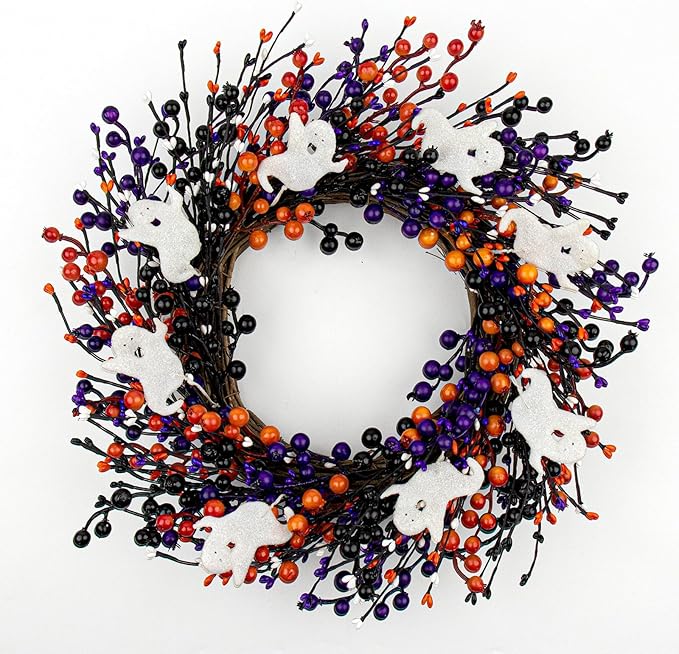 20-Inch Halloween Wreath - Handmade Orange & Black Berry Wreath with Adorable Mini Ghosts, Spooky Front Door Decor for Halloween Party