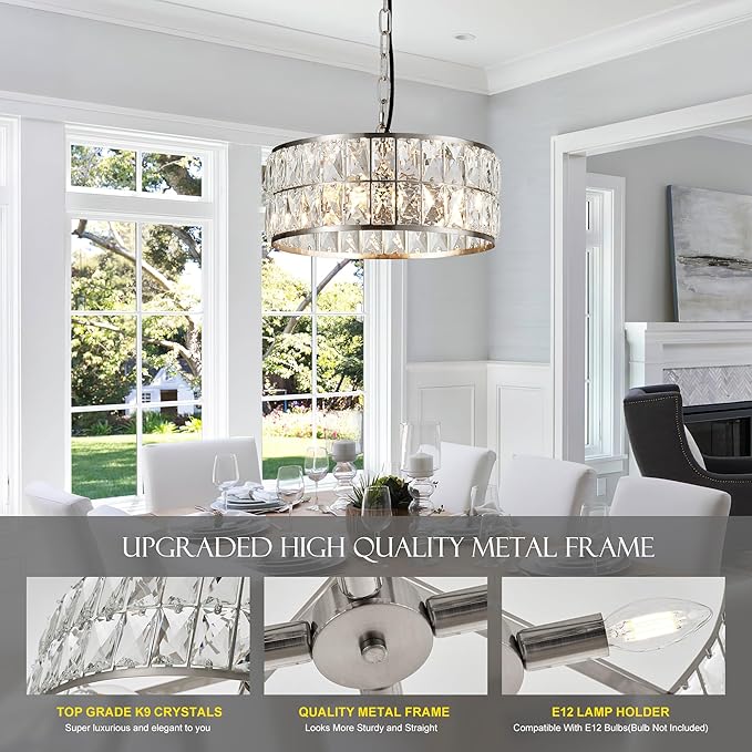 12” 3-Light Modern Crystal Chandeliers Nickel Dinning Room Light Fixture, Round Pendant Light Kitchen Island Chandelier, Flush Mount Ceiling Light for Living Room Entryway Bedroom Foyer