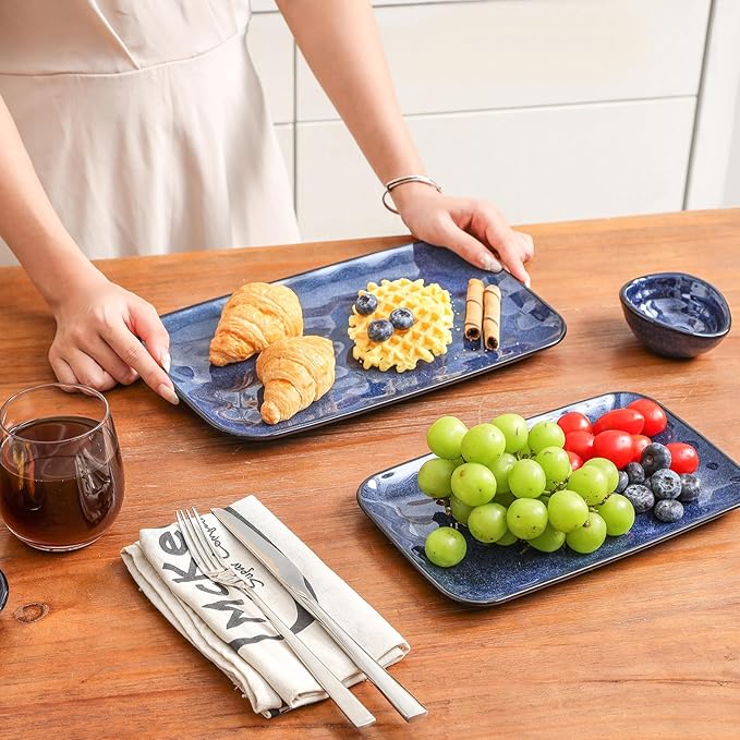 vicrays Ceramic Rectangle Serving Platters - 14" 12" 10" Porcelain Serving Trays Plates for Party BBQ Appetizers Sushi Dessert - Microwave Oven and Dishwasher Safe - Set of 3 Blue