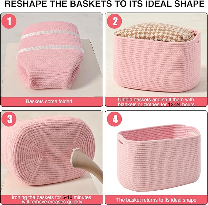 Storage Baskets for Organizing Shelves, Pink Basket for Nursery, Woven Cotton Rope Baskets for Storage, Towel Basket for Bathroom, 15"x11"x9.5", 3 Packs, Light Pink