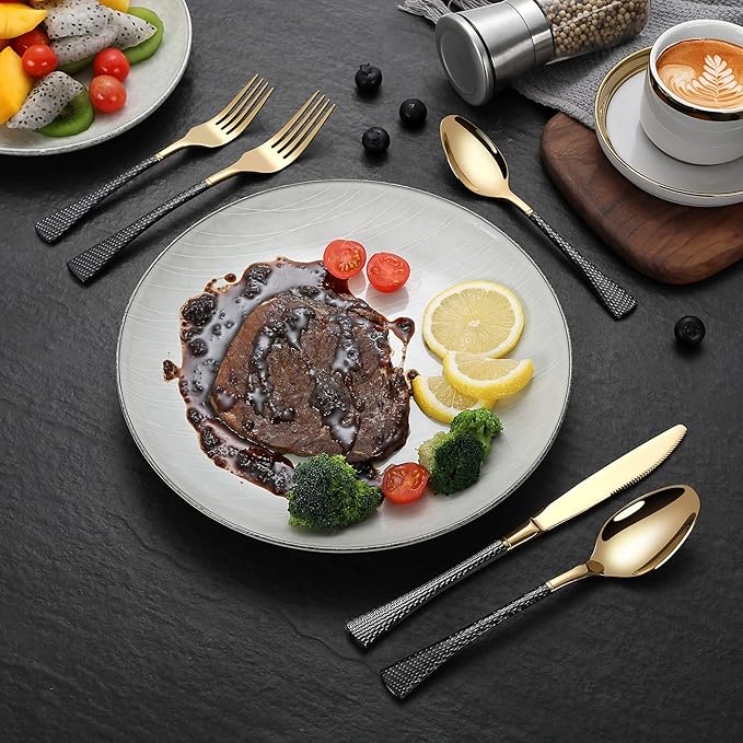 Hammered Black Gold Silverware Set,20 Piece Modern Flatware Set Service for 4,Mirror Polished Stainless Steel Cutlery Set Utensil Set Tableware Set,Kitchen Knives Fork Spoon Set,Dishwasher Safe