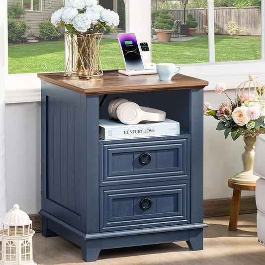 18" Farmhouse Night Stand with Charging Station, 2 Drawers End Table Dresser for Bedroom, Blue Wooden Nightstand, Bed Side Table with Open Shelf, Bedside Cabinet for Living Room, Closet