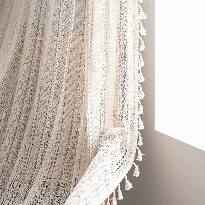 Sutuo Home Crochet Boho Curtain 63 Inches Length, Sheer Lace Handmade Tassels Knitted Window Treatment Vintage Rustic Bohemian Farmhouse Drape for Bedroom Rod Pocket 1 Panel 59" W x 63" L, Beige Wave