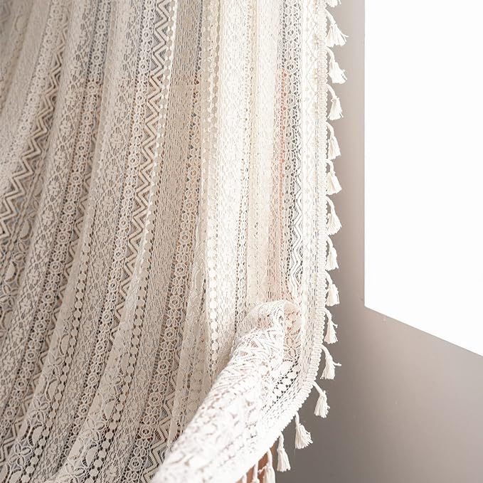 Sutuo Home Crochet Boho Curtain 84 Inches Length, Sheer Lace Handmade Tassels Knitted Window Treatment Vintage Rustic Bohemian Farmhouse Drape for Bedroom Rod Pocket 1 Panel 59" W x 84" L, Beige Wave