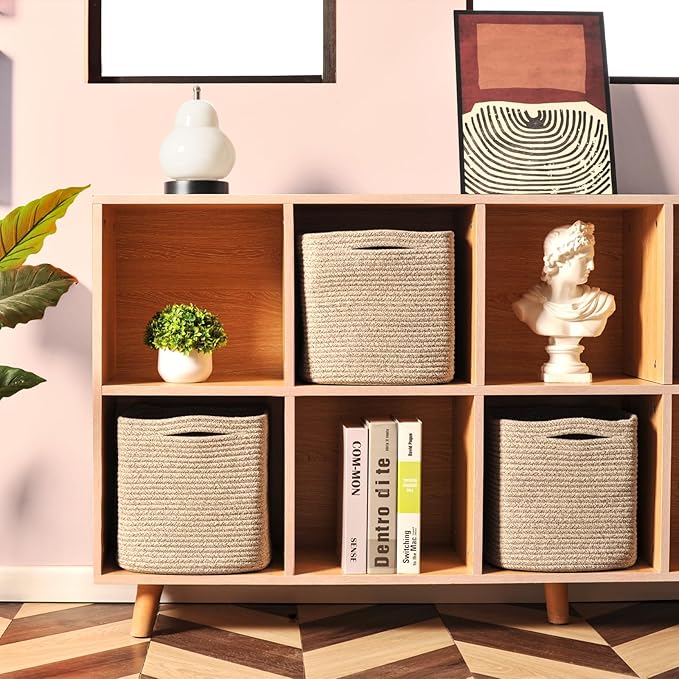 11 Inch Cube Storage Bins, Storage Cube Organizer Bins, Woven Cotton Rope Baskets for Storage, Storage Basket for Organizing Shelves, Square Baskets for Toys Nursery, Brown (Pack of 3)