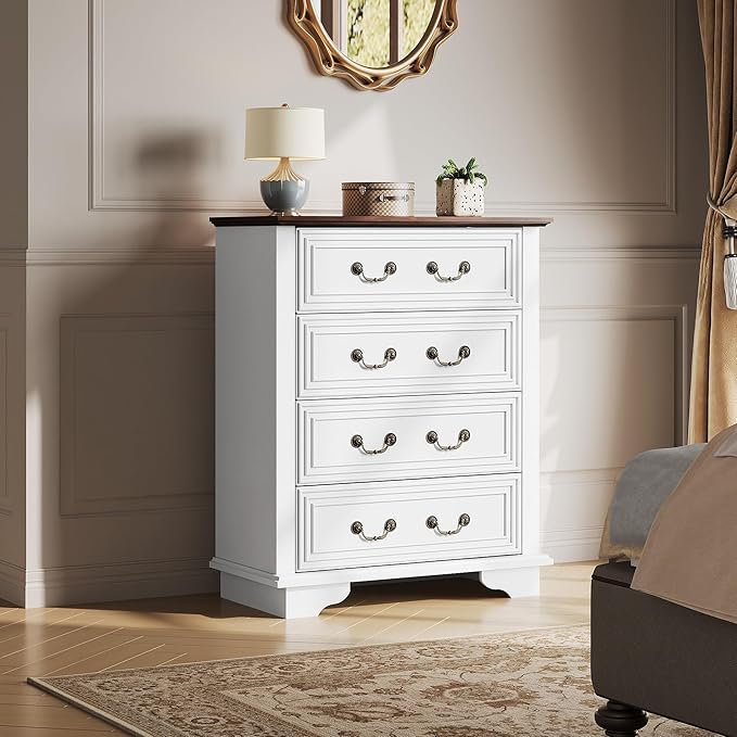 WLIVE Farmhouse Dresser for Bedroom, Tall Wood Dresser with 4 Drawers, Chest of Drawers with Roman Metal Handle for Living Room, Hallway, Closet, White