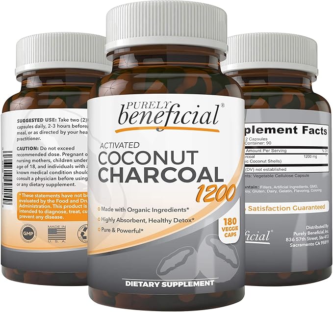 Activated Coconut Charcoal 1200mg, 180 Capsules - Pills for Digestive System, Bloating, Vegan (1bottle)