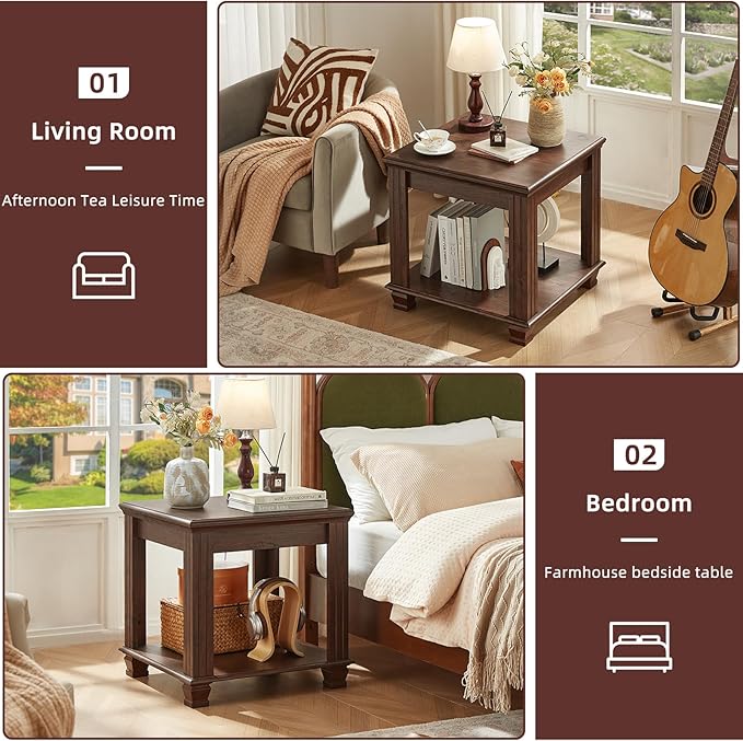 Farmhouse End Table,Large Side Table with 2-Tier Storage Shelf,Rustic Brown End Tables for Living Room,Square Tea Table,Walnut