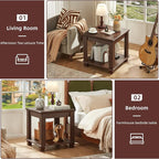 Farmhouse End Table,Large Side Table with 2-Tier Storage Shelf,Rustic Brown End Tables for Living Room,Square Tea Table,Walnut