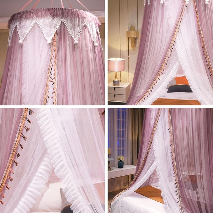 AIKASY Girls and Adults Canopy Bed, Elegant Double-Layer Bed Curtain, Children's Dream Round Lace Mosquito Net, Princess Canopy Net - Fits Twin, Full, Queen, and King Beds (White/Red Bean)