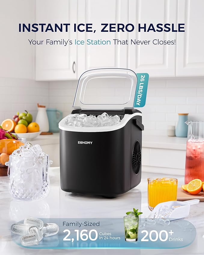 EUHOMY Countertop Ice Maker Machine with Handle, 26lbs in 24Hrs, 9 Ice Cubes Ready in 6 Mins, Auto-Cleaning Portable Ice Maker with Basket and Scoop, for Home/Kitchen/Camping/RV. (Black)