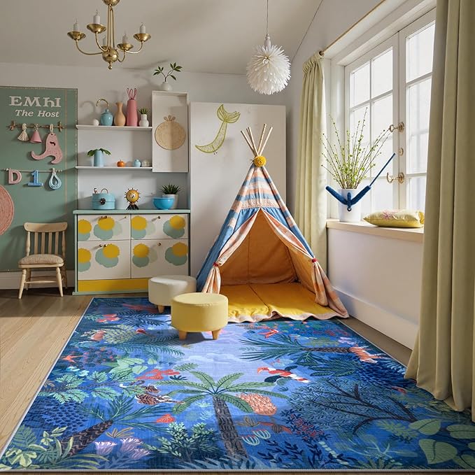 LIVEBOX Washable Jungle Animal Print Rugs 9x12 Blue Rugs for Living Room, Stain Resistant Soft Kids Area Rugs for Bedroom, Non-Skid Modern Dining Room Rug Floor Carpet for Playroom Kids Nursery