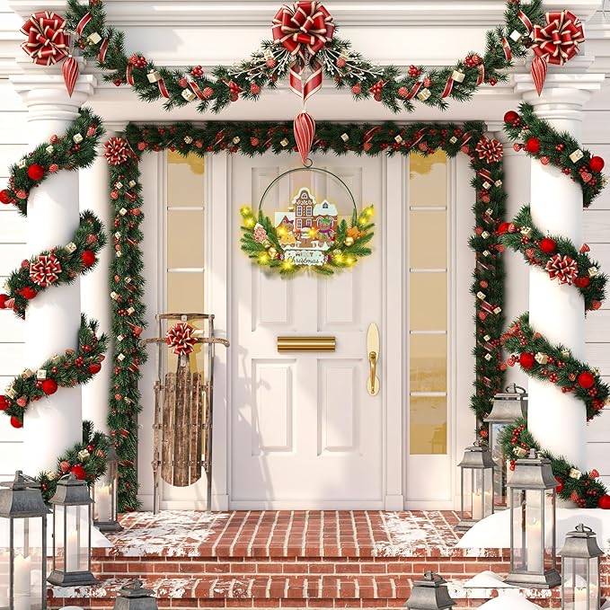 Light up Christmas Wreaths for Front Door, Welcome Metal Wooden Door Wreath Decor Hanging Sign, 30 LED Lighted Wall Decor Battery Operated for Halloween Indoor Outdoor (Gingerbread Man)