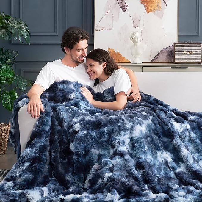 Cozy Bliss Faux Fur Throw Blanket for Couch, Fuzzy Soft Plush Thick Bubble Blanket for Sofa Bedroom Living Room, 108 * 90 Inches Tie Dye Blue
