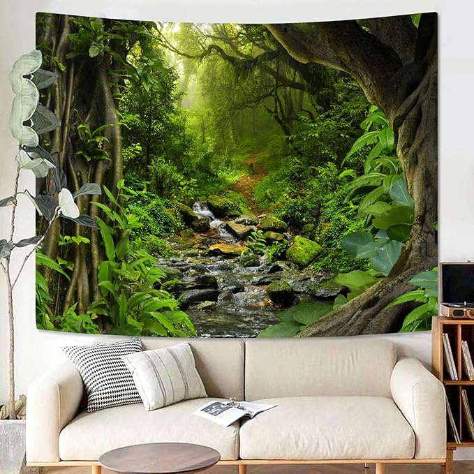 AMM Green Rainforest Tapestry Nature Forest Tapestry for Bedroom Aesthetic Misty Tropical Jungle Trees Flowing Stream Landscape Tapestries Wall Hanging for Living Room Dorm 80 x 60 Inch