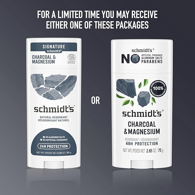 Schmidt's Aluminum-Free Vegan Deodorant Charcoal & Magnesium with 48 Hour Odor Protection, 2 Count for Women and Men, Natural Ingredients, Cruelty-Free, 2.65 oz, Pack of 2