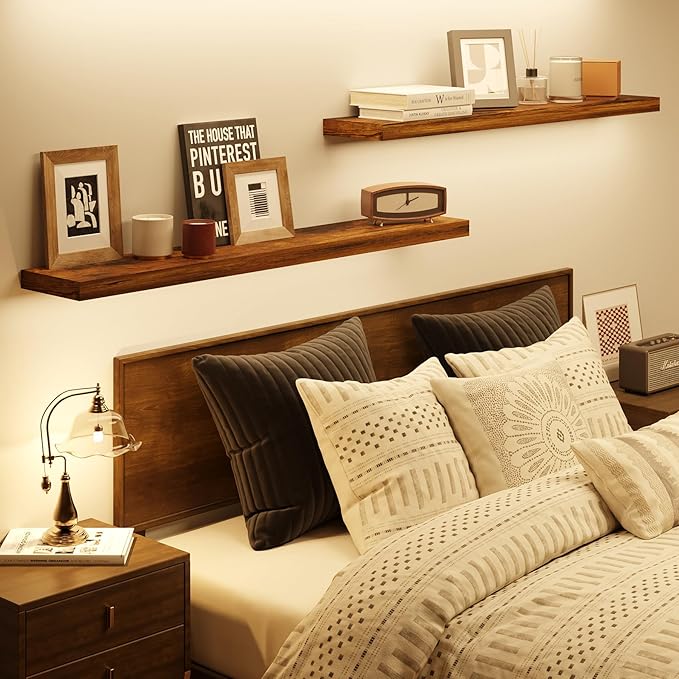 BAMEOS Floating Shelves,40 in W x 7in D Wall Mounted Wooden Shelves with Invisible Brackets Set of 2, Hanging Wall Shelves Decoration for Bedroom, Bathroom, Living Room and Kitchen,Rustic Brown