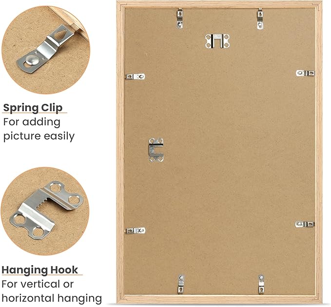 upsimples 11x17 Picture Frame, Natural Solid Wood Picture Frames, Display 9x15 with Mat or 11 x 17 Without, Vertical or Horizontal Wall Hanging, 1 Pack, Natural