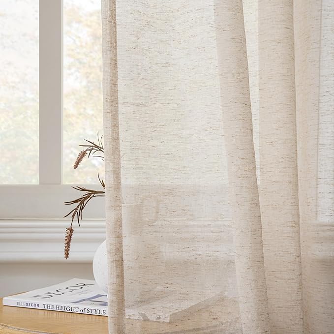 FMFUNCTEX Linen Sheer Curtains for Bedroom, Taupe Curtains 84 inches Long for Living Room, Brown Farmhouse French Flax Blend Window Draperies, Rod Pocket 2 Panels Set