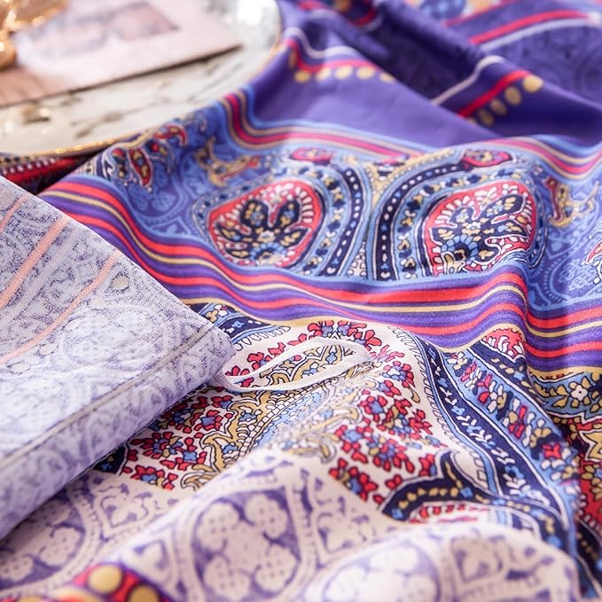 ABREEZE Bohemian Vintage King Size Floral Cotton Bedding Set 3Pcs Duvet Cover Set Boho Purple Paisley 100% Egyptian Brushed Cotton Reversible Home Bedding Collection