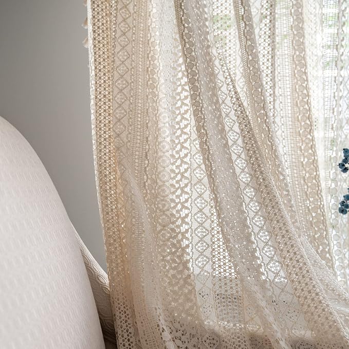 Sutuo Home Boho Curtains Crochet Lace Semi-Sheer Bohemian Hollow Knitted Handmade Tassels, Rod Pocket Window Treatment Vintage Rustic Farmhouse Drapes for Living Bedroom, 1 Panel 59" W x 84" L, Beige