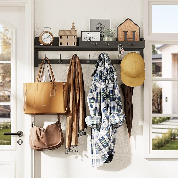 AMBIRD 35 inch Wall Hooks with Shelf, Coat Rack Wall Mount, Large Coat Hanger for Wall, Entryway Shelf with 7 Dual Coat Hooks, 4 Key Hooks and Mail Organizer, Wooden Key Holder Rack (Black)