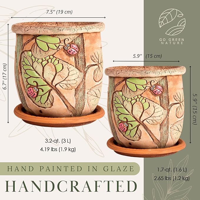 Ceramic Pot with Drainage Hole and Saucer, Plant Pots, Modern Decorative Planters for House Plants Indoor Flowers Plants, Cute Flower Pot - Gifts (Ladybugs (3 L))