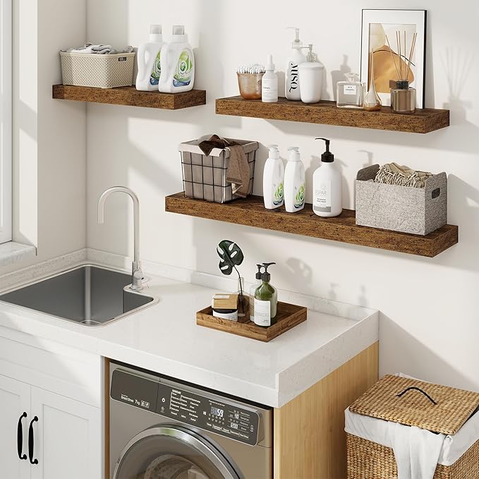 fuqing Floating Shelves for Wall, Bathroom Shelf Wall Mounted for Storage, Shelves with Invisible Bracket for Bedroom, Kitchen, Living Room, Farmhouse Small Book Shelf, 55 Inch Set of 2, Rustic Brown