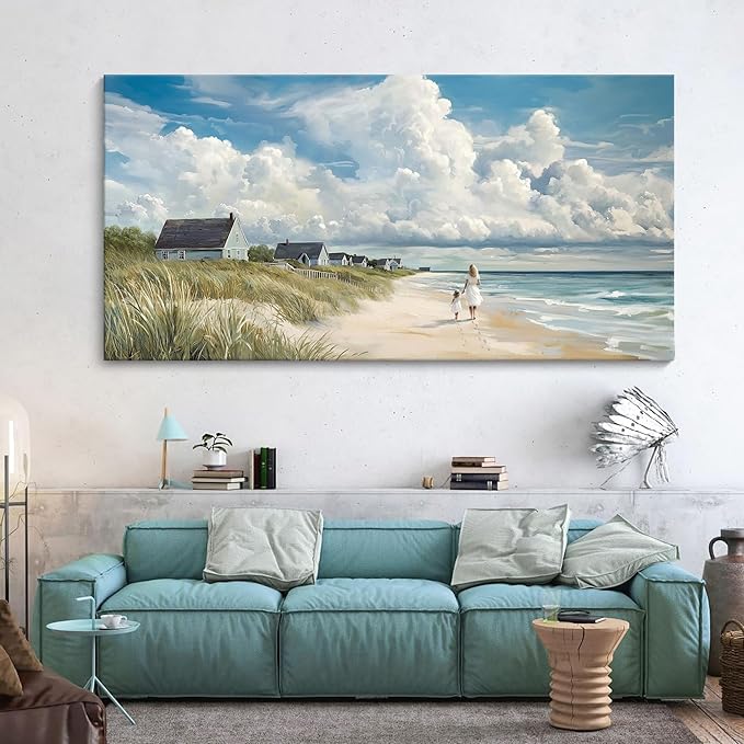 HGUAOA Coastal Canvas Wall Art - Large Landscape Wall Art for Living Room - Ocean and Beach Painting - Blue Artwork for Bedroom Decor - Above Bed Wall Pictures -Beach Theme Print Art