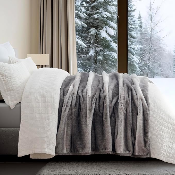 Ultra Soft Luxury Fluffy Mink Faux Fur Throw Blanket, Thick Warm Fall Winter Blankets for Bed, Couch, Cozy Plush Reversible Blanket for Chair, Sofa (Ombré Silver Onyx, 60"x80")