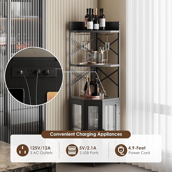 Corner Bar Cabinet with Power Outlet, 5-Tier Corner Wine Cabinet with Led Strip and Glass Holder, Industrial Tall Liquor Cabinet Bar Wine Rack for Home，Black