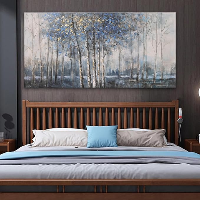 Canvas Wall Art Decor Pictures Wall Decor Prints Modern Wall Art Decor Large Gold Wall Art Blue Grey Misty Botanical Textured Artwork for Walls For Room Living Room Bedroom Office Wall Decor 29"X58"