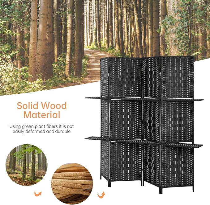 PayLessHere Room Divider Room Screen Divider Wooden Screen Folding Portable Partition Screen Wood with Removable Storage Shelves (Black, 4 Panel)