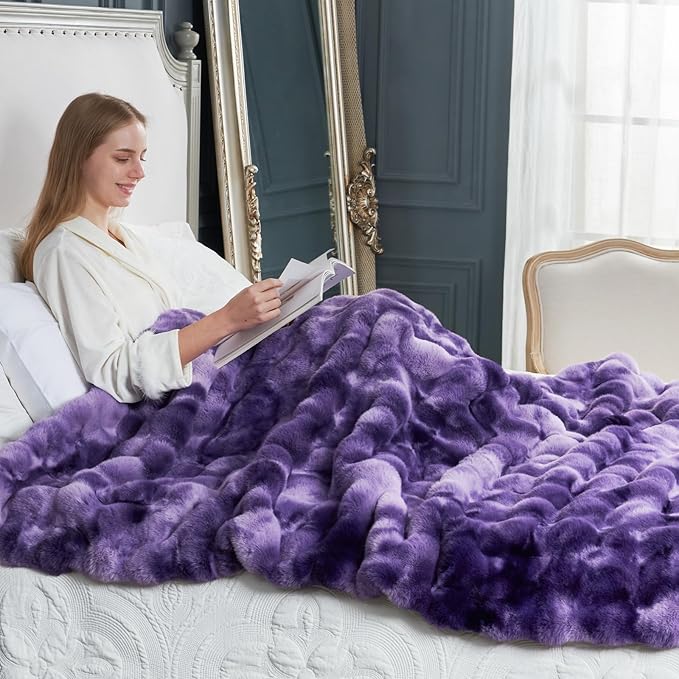 Cozy Bliss Faux Fur Throw Blanket for Couch, Fuzzy Soft Plush Thick Bubble Blanket for Sofa Bedroom Living Room, 60 * 80 Inches Tie-dye Purple