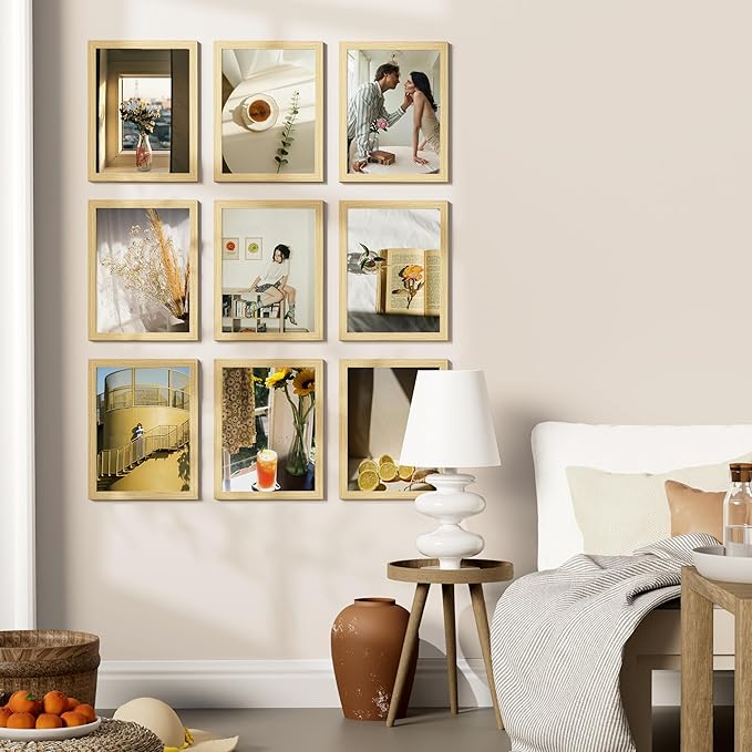 Vittanly 9x12 Picture Frames Set of 9, Shatter Resistant Plexiglass, Display 6x8 Pictures with Mat or 9x12 without Mat, Photo Frames for Wall or Tabletop, Engineered Wood, OAK