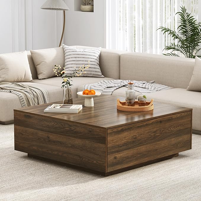 43” Square Coffee Table with Storage, Modern Large Square Center Table with 2 Drawers, Wood Coffee Table for Living Room, Walnut