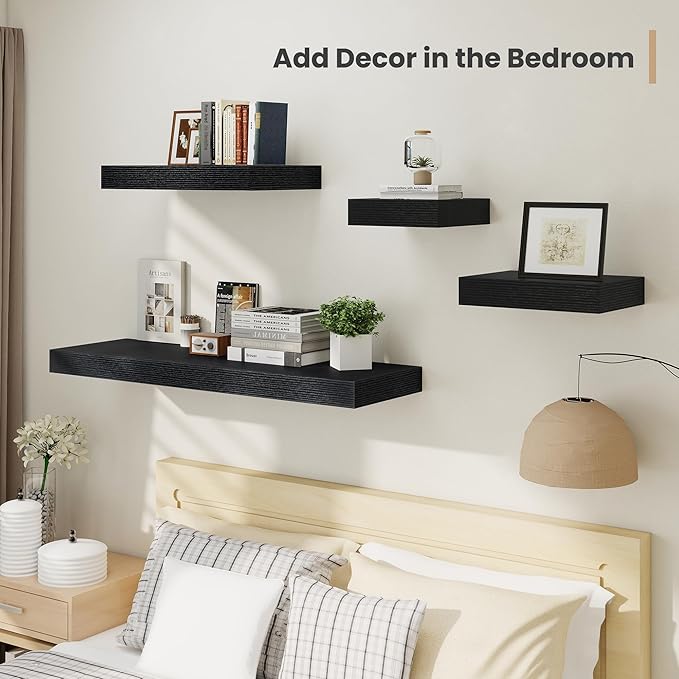 Heimlove 12 Inch Deep Floating Shelves, 16 x 12 inches Long Wall Shelf, Large Extra Display Shelf & Storage Shelf, Rustic Wood Wall Shelves for Fireplace Mantel, Black - 2Pack
