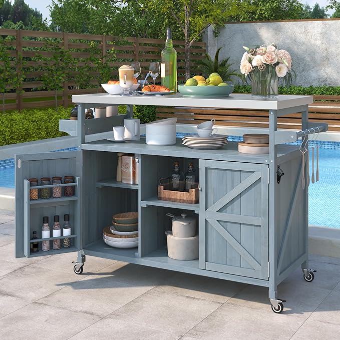 Outdoor Kitchen Island, Rolling Bar Cart & Storage Cabinet, Farmhouse Solid Wood Outdoor Grill Table with Stainless Steel Top, Spice Rack, Towel Rack for Kitchen & BBQ, Grey Blue
