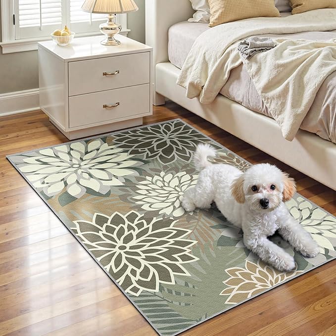 Area Rug 2x3 Brown White Washable Entry Small Rug Multicolored Tropical Botanical Modern Floral Indoor Kitchen Door Mat Entrance Carpet Non Slip for Bedroom Living Room, Porch