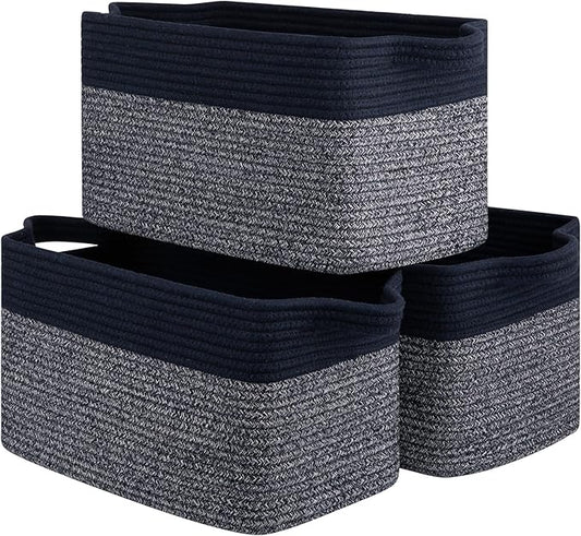 Storage Basket for Organizing, Woven Baskets for Storage, Rectangle Decorative Baskets for Shleves, Closet, Toys, Books, Nursery Organizer Bins - Pack of 3 (Blue & Black)