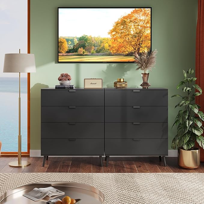 WLIVE 4 Drawer Dresser for Bedroom, Tall Wood Dresser, Modern Black Dressers with Sturdy Metal Handle, Small Chest of Drawers for Living Room, Hallway