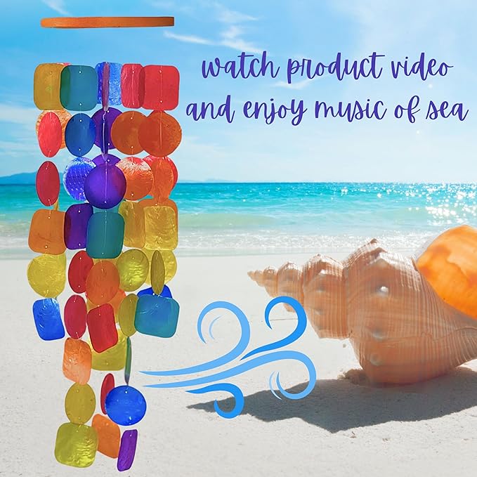 Bellaa 24995 Wind Chimes Outdoor, Garden Decorations, Musical, Indoor/Outside Windchimes, Beach, Ocean Breeze, Gifts for Mom, Gift for All Occasions, Capiz Sea Glass Shells Wood 27 inch Black