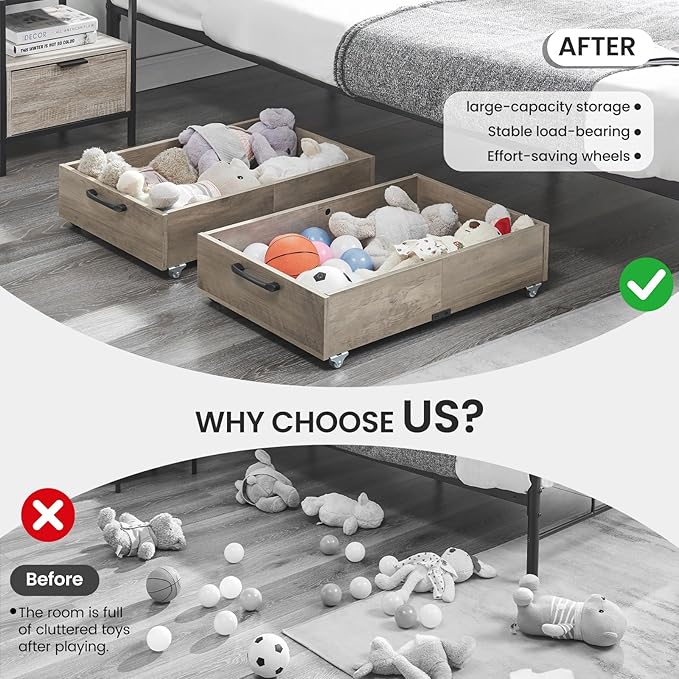 Under Bed Storage with Wheels, 2-Pack Under Bed Shoe Storage Organizer Drawer, Composite Wood Organizer for Shoes Clothes Containers in Bedroom for Clothes,Shoes(Grey)