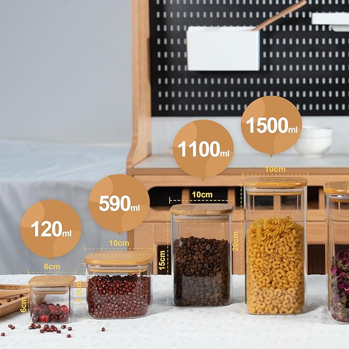 22oz Airtight Square Spice Containers with Bamboo Lid Set of 6 (650ml) Kitchen Pantry Organization Jar Stackable Spice Jar, for Sugar, Tea, Cookies and Coffee beans (‎with Black Lable)