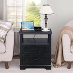 HIFYOBRO End Table with 2 Drawers and Charging Station, Type-C & USB Port & Power outlets, Wooden Storage Nightstand, Large Side Table with Storage for Living Room and Bedroom