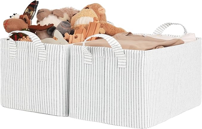 StorageWorks Storage Bins, Fabric Storage Bins for Shelves, Storage Baskets with Metal Frame, Closet Baskets and Bins with Handles, Gray and White Stripes, 2-Pack