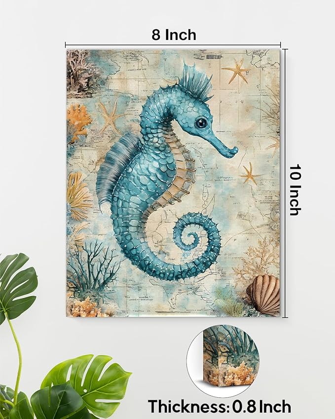 Nautical Seahorse Canvas Wall Art Sea Horse Ocean Theme Print Poster Coastal Framed Picture Painting for Home Beach House Bedroom Wall Decor 8x10 Inch